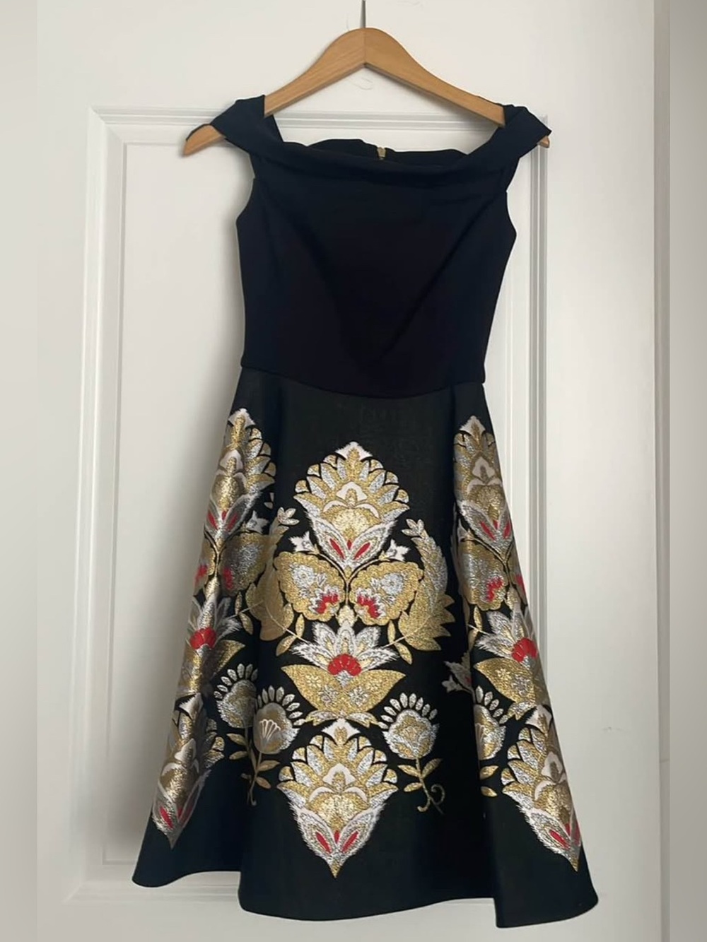 Ted Baker London Black Off-Shoulder Dress with Gold Brocade and Red Accents